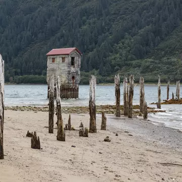 September 08 2018 Juneau Alaska. Old pump station on sandy Beach.  in the Treadwell mine historic park in Juneau Alaska