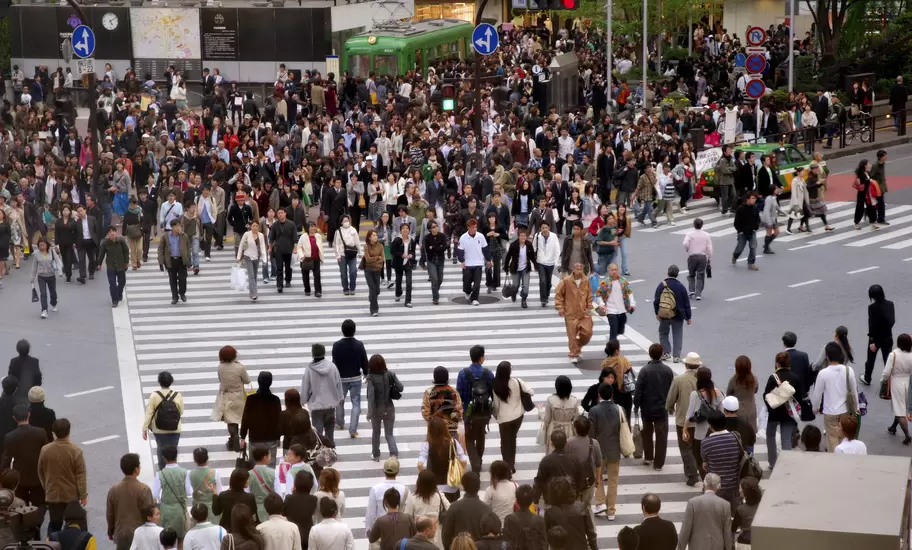People at busy intersection, Hachiko exit, Shibuya Station.