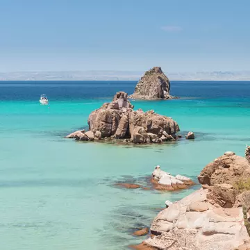 Paddle boarding (SUP) off the island of Espiritu Santo, a Unesco Biosphere Reserve in the Gulf of California, Mexico.
