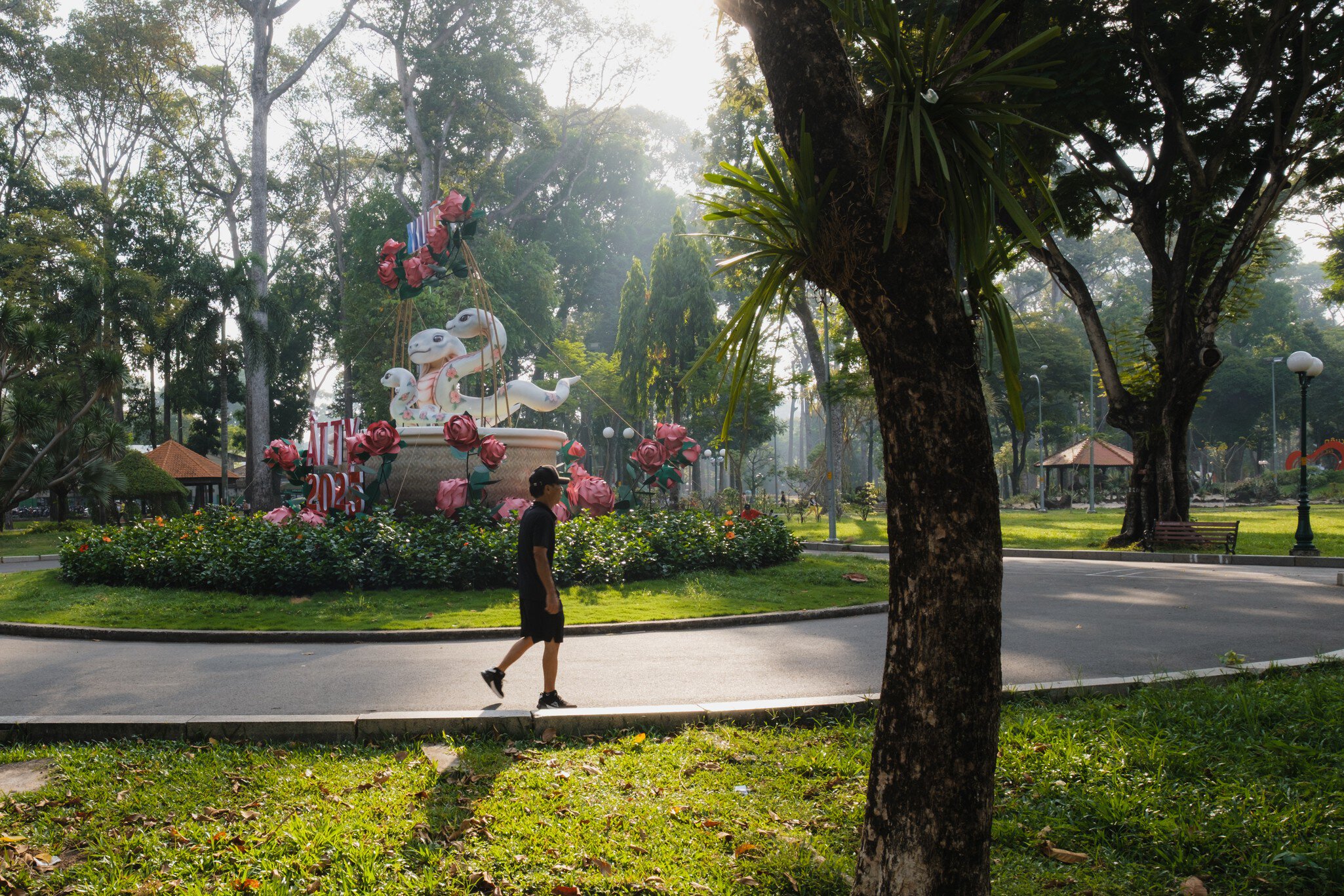 A man enjoys a peaceful walk around Tao Dan Park in Ho Chi Minh City, Vietnam.