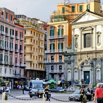A crowded square in Naples, Italy. 