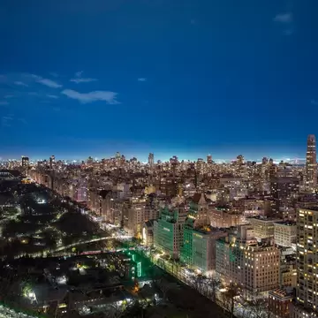 A dense city with buildings lit up and a darkened park at night from a rooftop perspective.