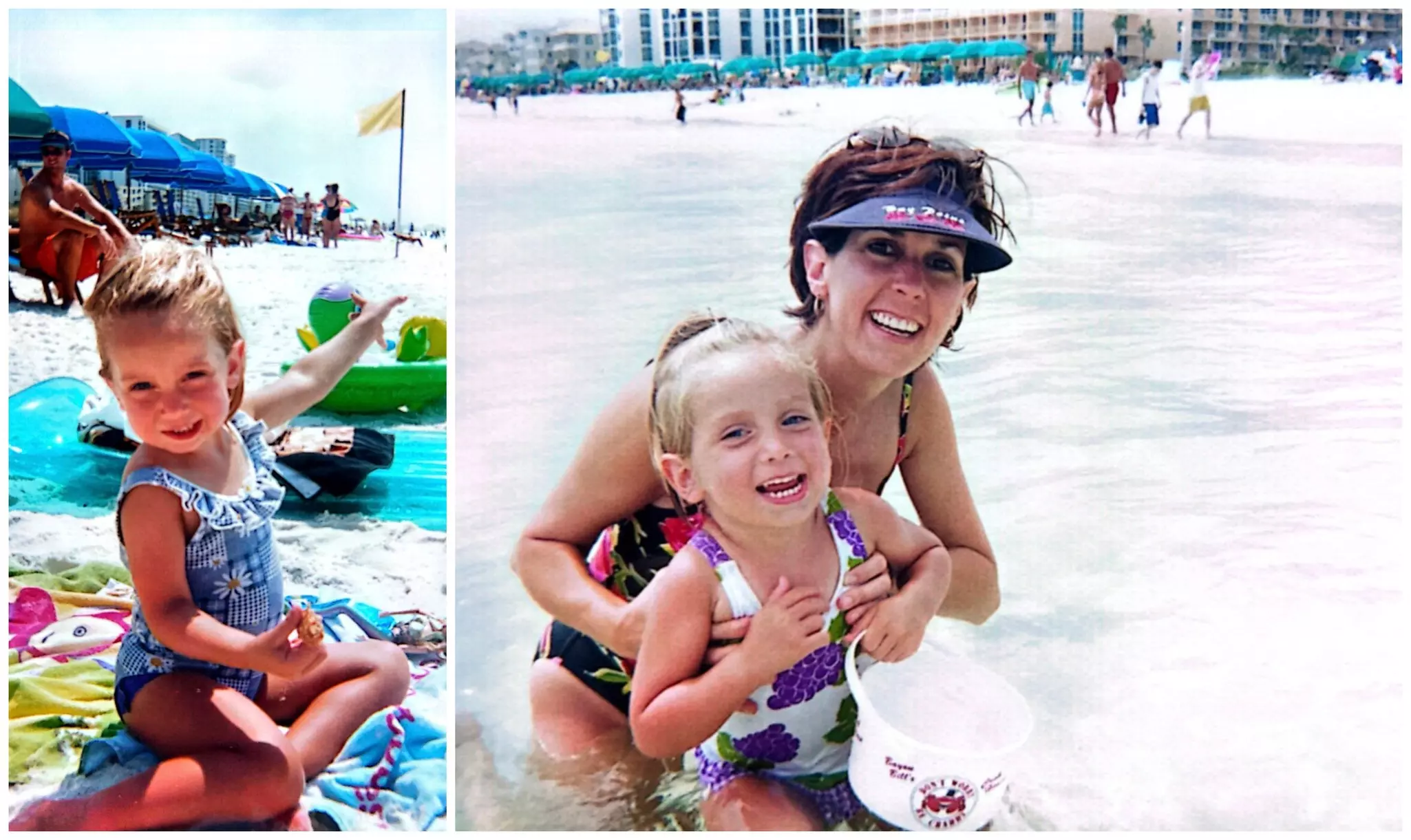 Collage. Left: The author as a child on the beach in Destin, Florida. Right: The author as a child playing in the ocean with her mother in Destin, Florida.