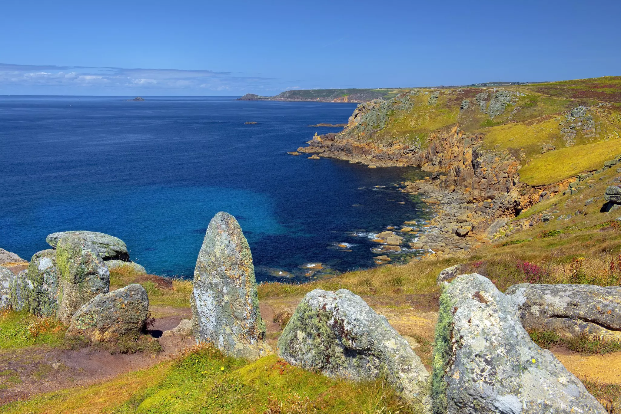 landscape of Land's End in Cornwall England, the most westerly point of England on the Penwith peninsula eight miles from Penzance on the Cornish coast.