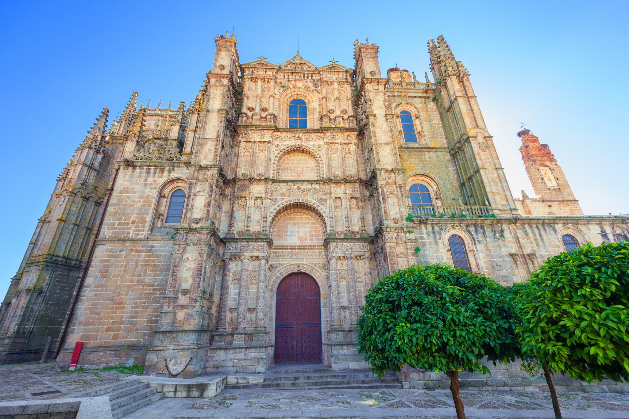 Facade of Plasencia Cathedral, Spain. Plasencia is a walled market city in the province of Caceres, Spain