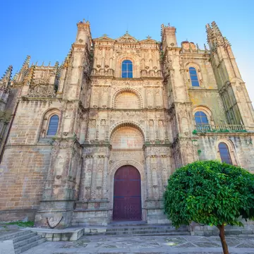 Facade of Plasencia Cathedral, Spain. Plasencia is a walled market city in the province of Caceres, Spain