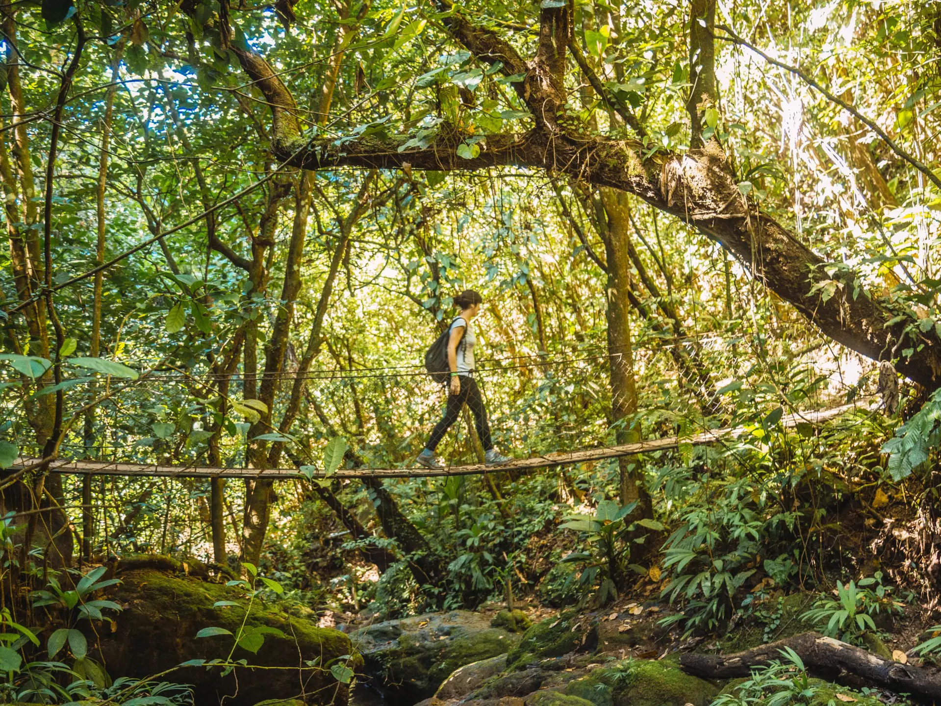 A young woman on a wooden bridge in the Cerro Azul Meámbar National Park, Yojoa, Honduras