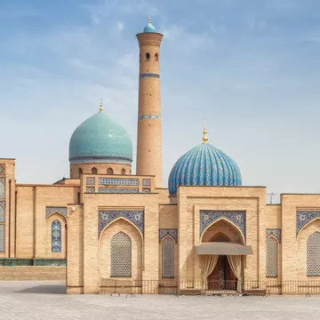 View of Hazrati Imam Mosque and Muyi Muborak Madrasah (Moyie Mubarek Library Museum) in Tashkent, Uzbekistan. The Hazrati Imam architectural complex is a popular tourist attraction of Central Asia.  License Type: media  Download Time: 2023-05-17T23:45:22.000Z  User: kparker52331  Is Editorial: No  purchase_order:   