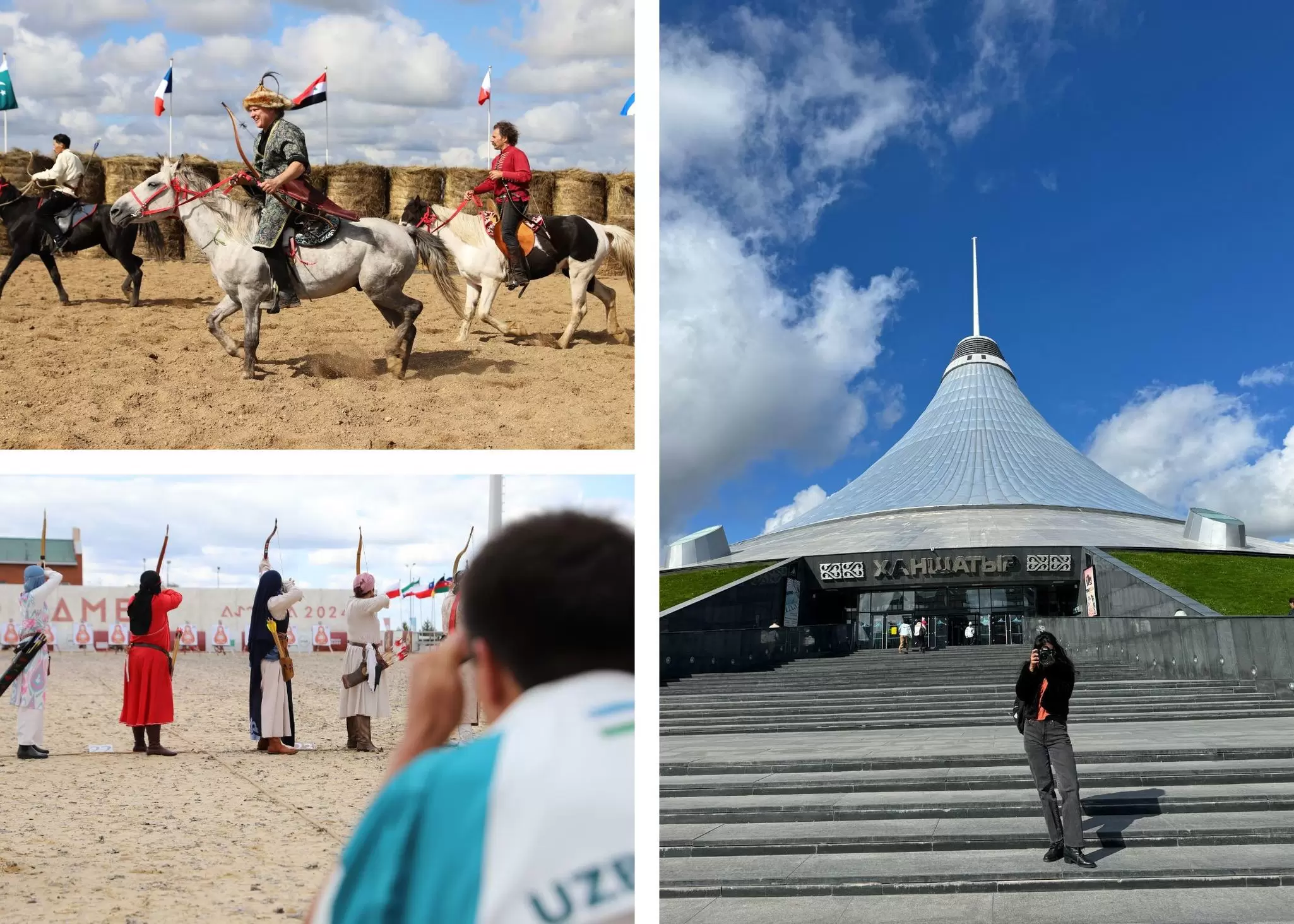 Top left: Horseback riders carrying bows and arrows in an archery competition. Right: a woman stands in front of a large yurt-like structure: the Khan Shatyr Entertainment Center. Bottom left: a row of archers prepare to shoot arrows in an archery contest