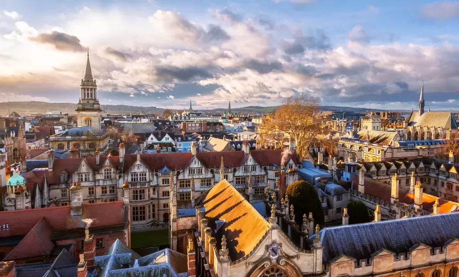 Aerial view of the city of Oxford, England, at sunset