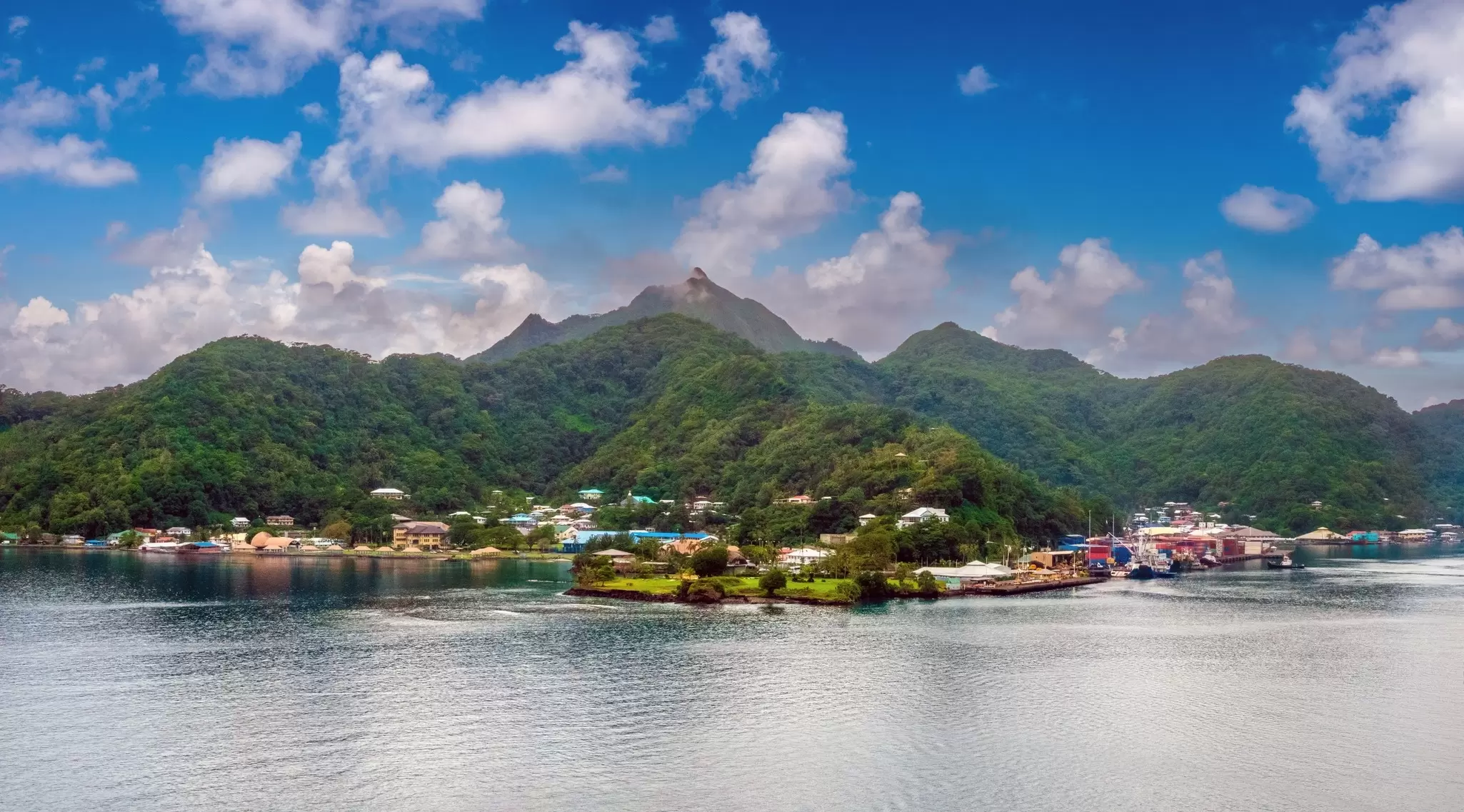 View of a town lining a harbor with forest-covered hills behind it