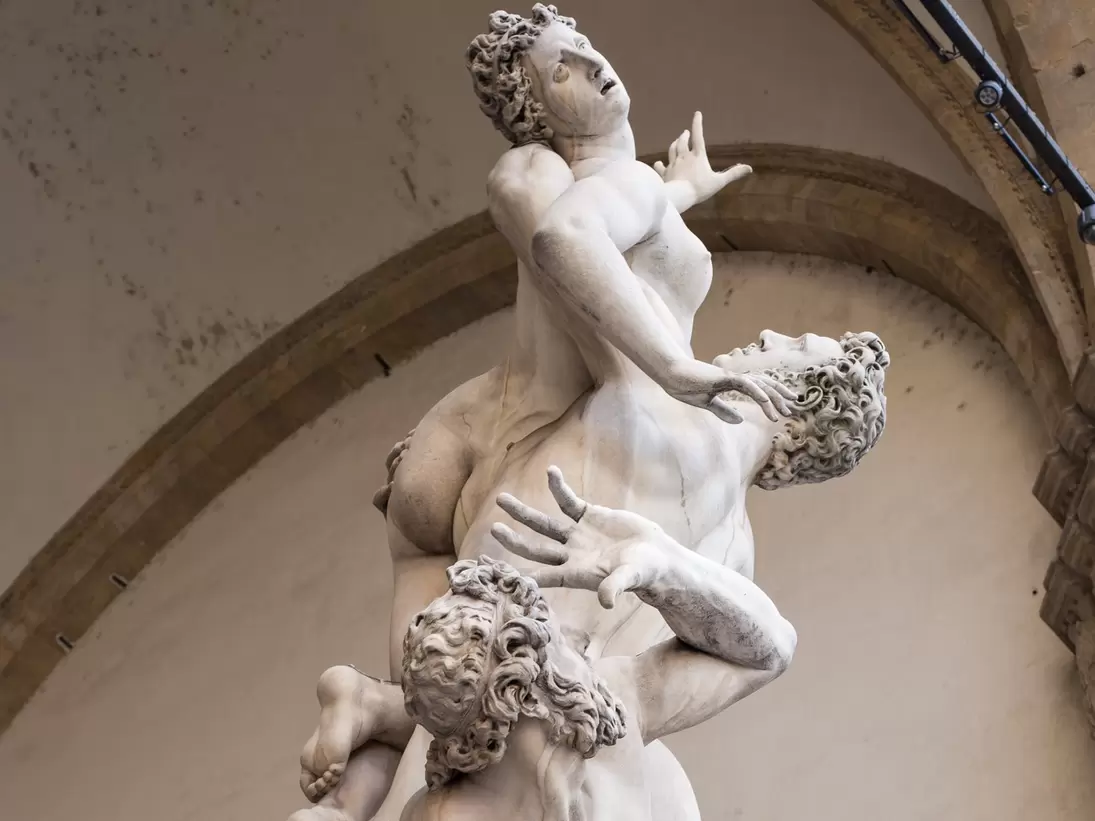 'The Rape of the Sabine Women' sculpture by Giambologna, in the Loggia dei Lanzi in Florence, Italy.