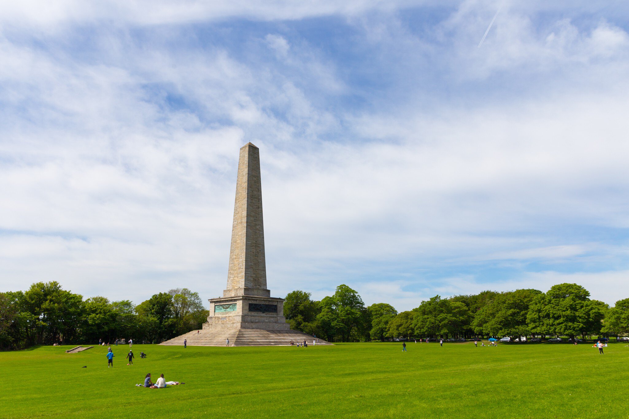 DUBLIN, IRELAND - MAY 17, 2014: The Wellington Monument is an obelisk located in the Phoenix Park. The monument is 62 metres (203 ft) tall and it is the largest obelisk in Europe.