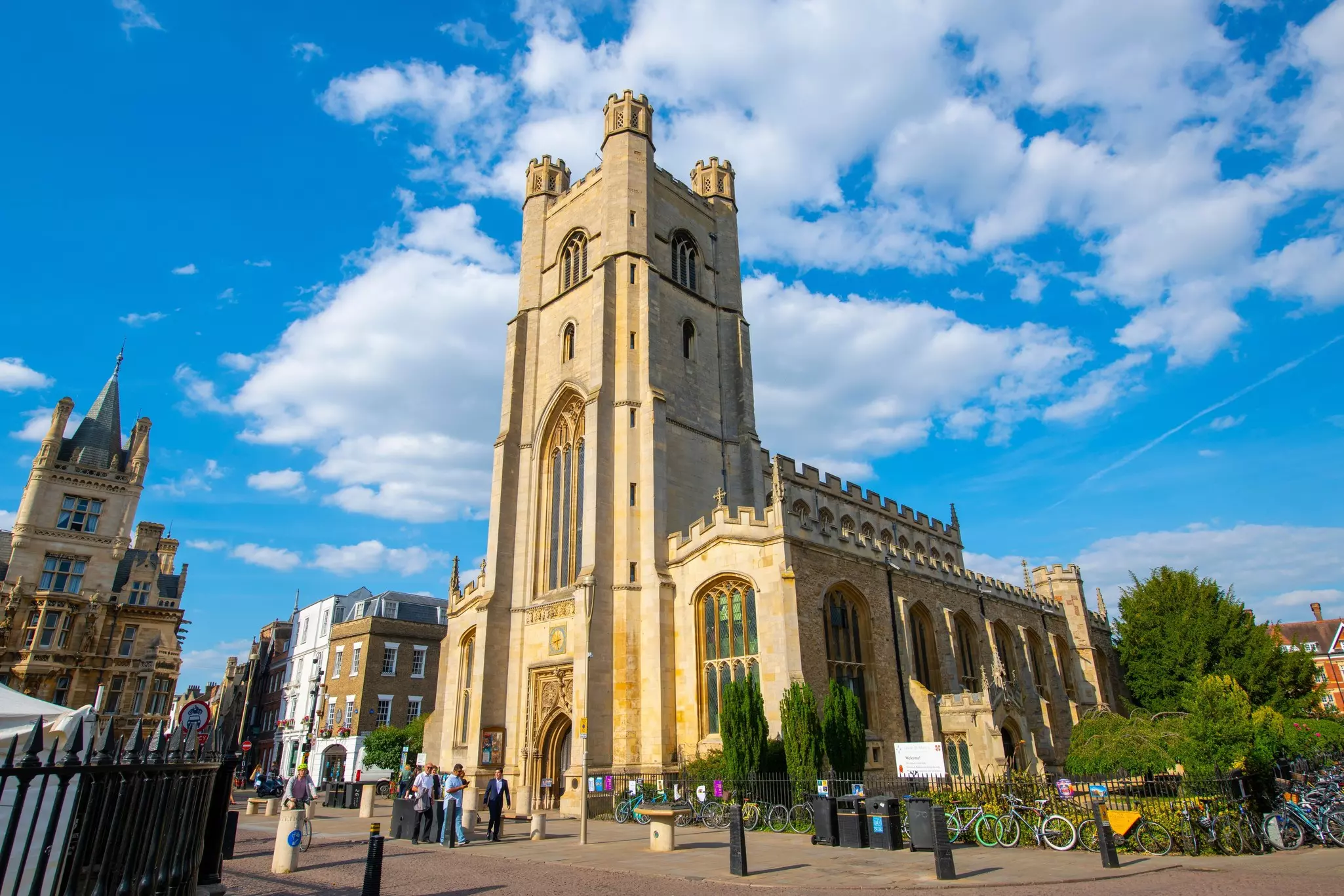 Great St Mary's Church rises above the rooftops of Cambridge University in Cambridge, England.