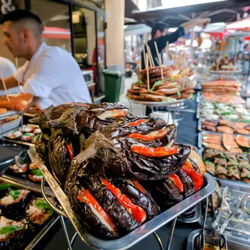 Stuffed eggplant and other choices at a Palermo street stall. Radiokafka/Shutterstock