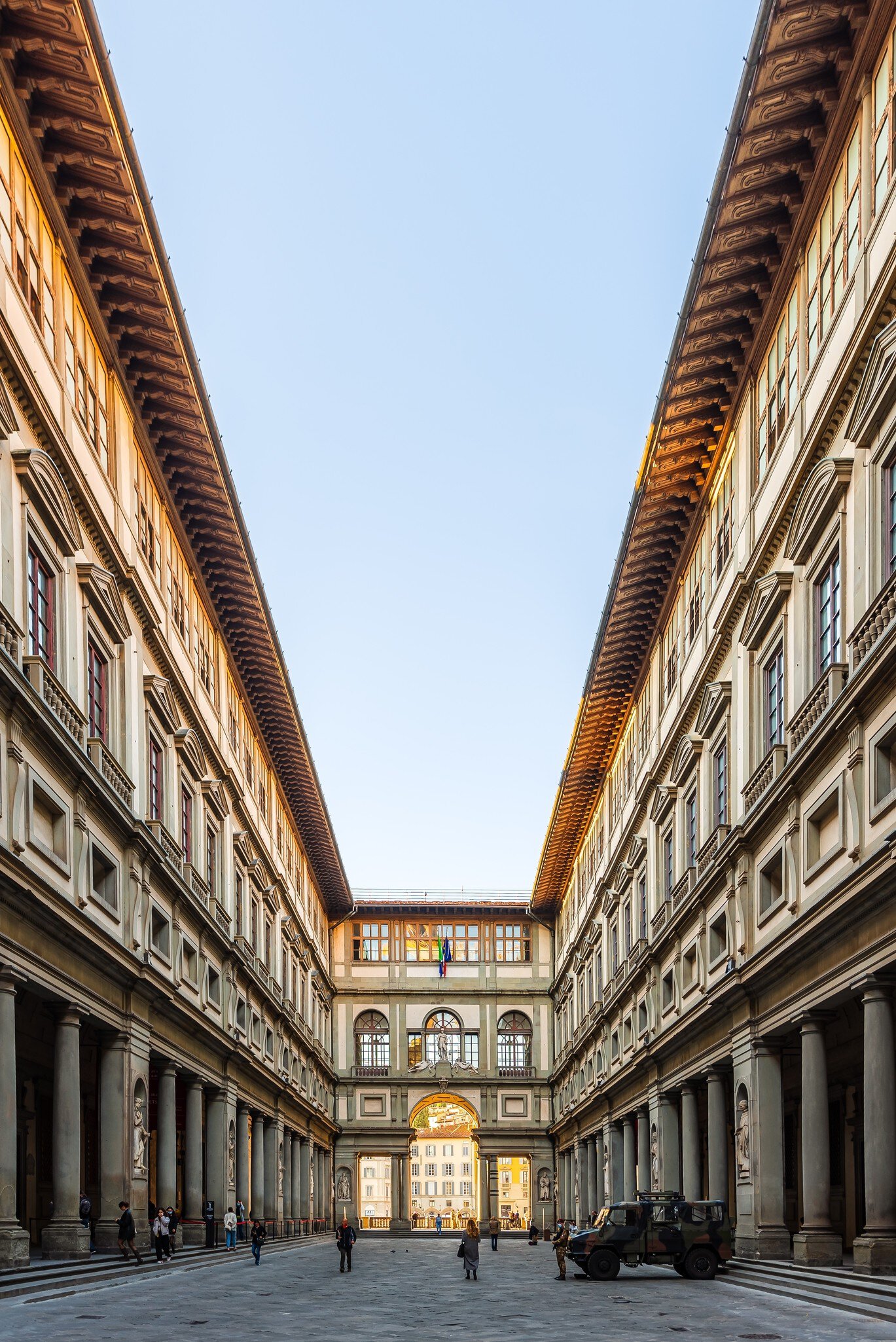 Piazzale degli Uffizi – which houses the Galleria degli Uffizi – early in the morning in Florence, Italy.