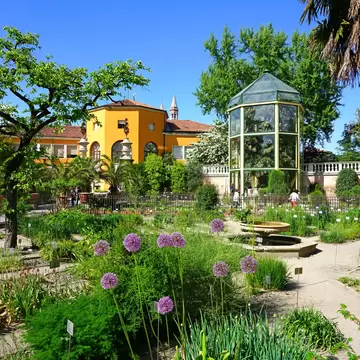 Gravel paths between planted beds and a glasshouse in a walled garden.