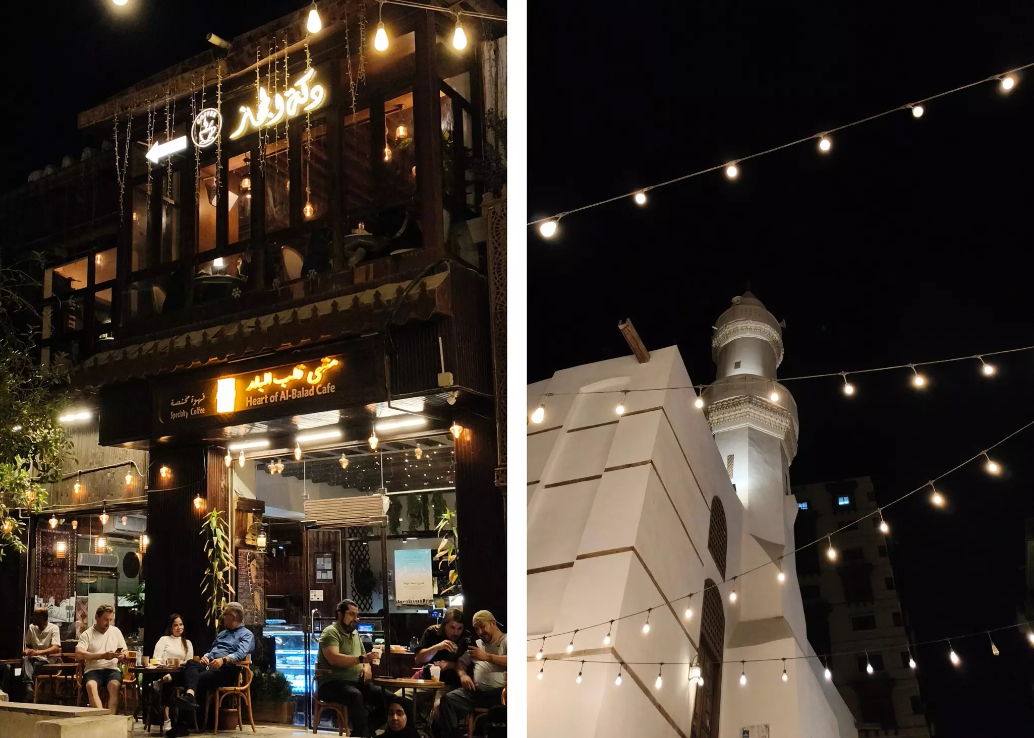 Tecno Partnerships V1
Left, Heart of Al Balad Cafe in Jeddah; right, a nighttime scene in Jeddah, Saudi Arabia. 
Cynthia Hofmann for Lonely Planet (2)