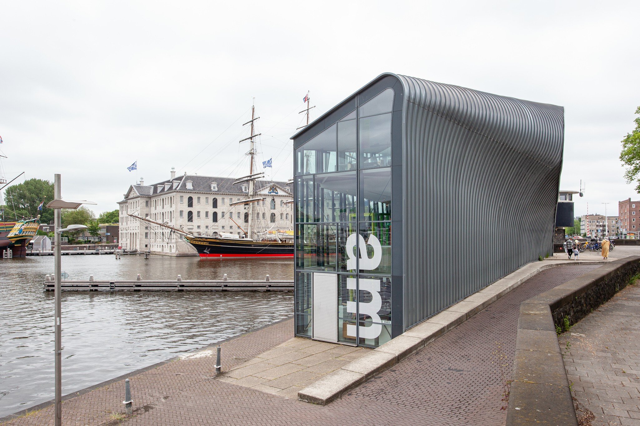 Exterior view of the Arcam building by the waterfront in Amsterdam, Netherlands.