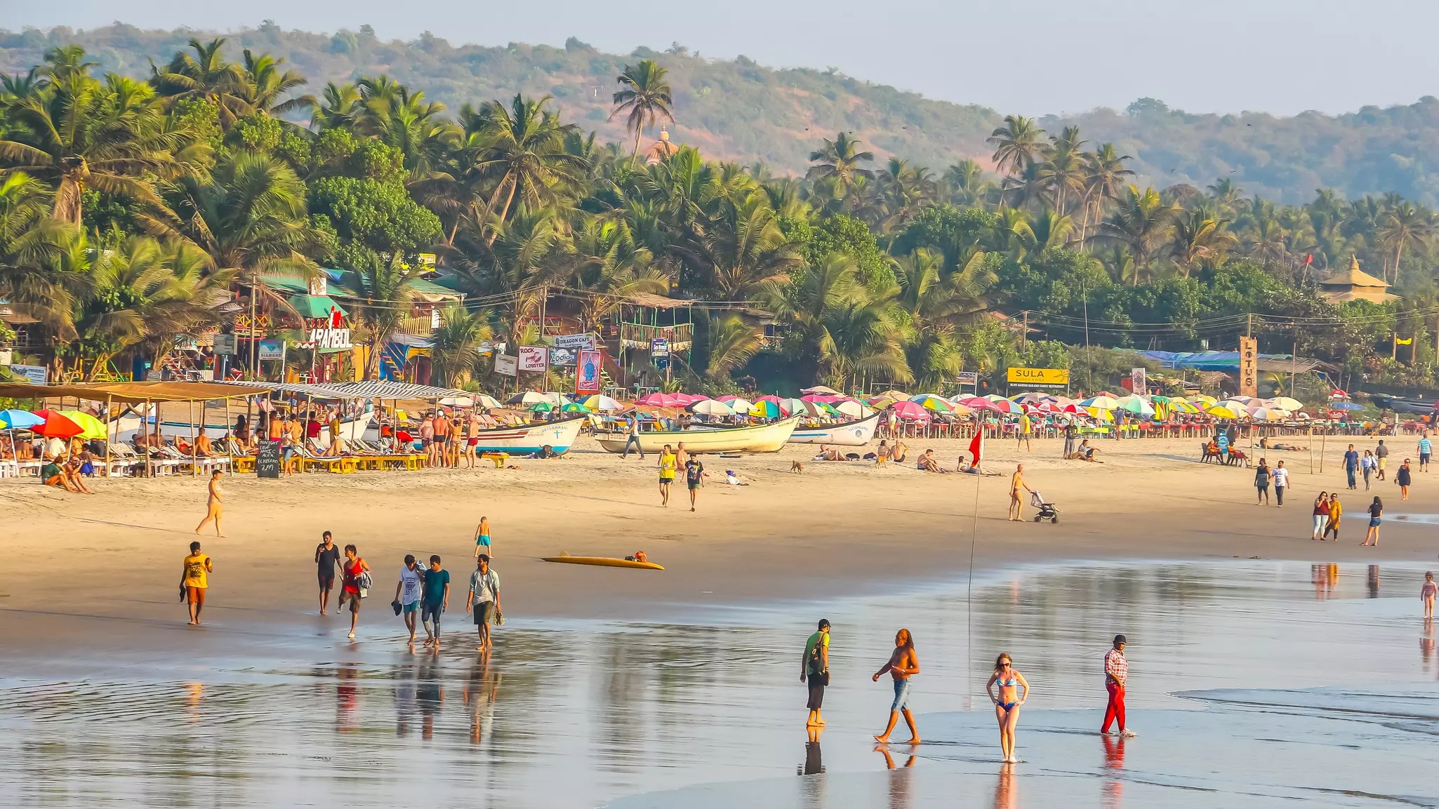 People on the beach at Arambol with palms and beach huts behind, Goa, India.