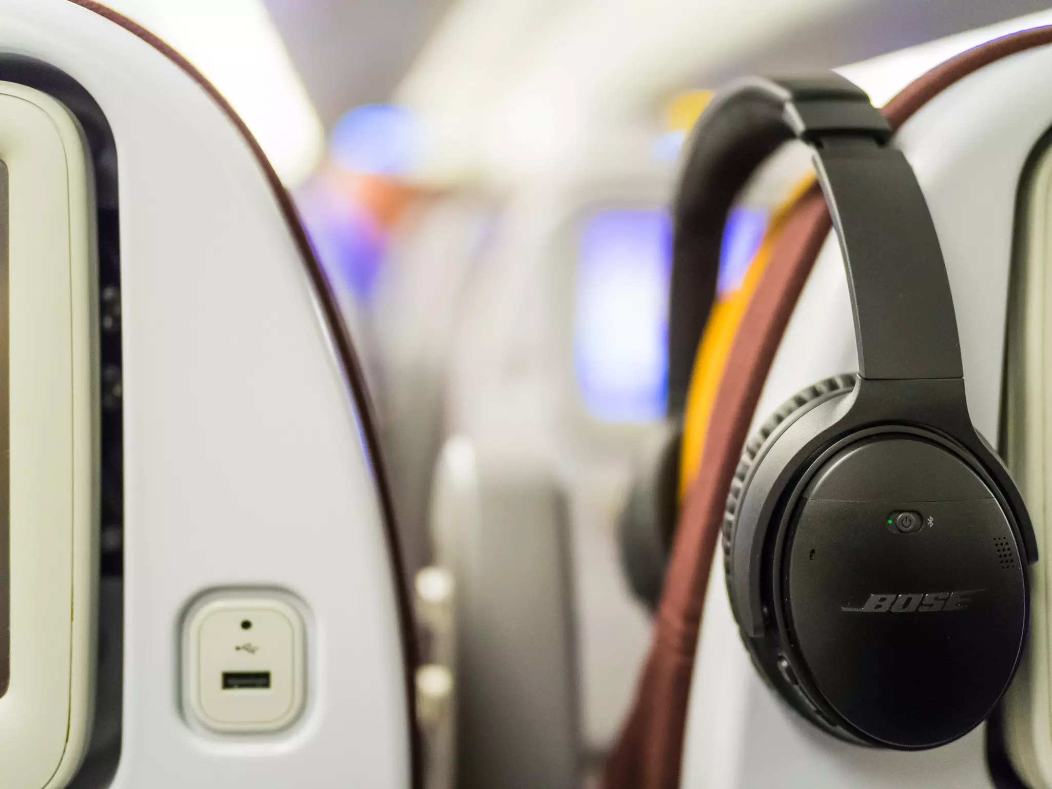 Noise cancellation headphones in the airplane
