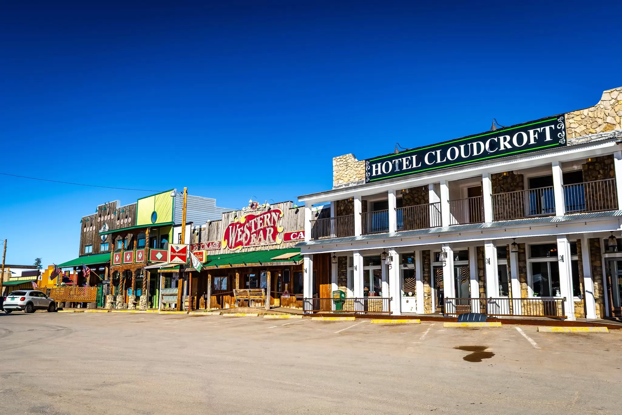 Old-fashioned storefronts line the street by Hotel Cloudcroft in Cloudcroft, New Mexico.