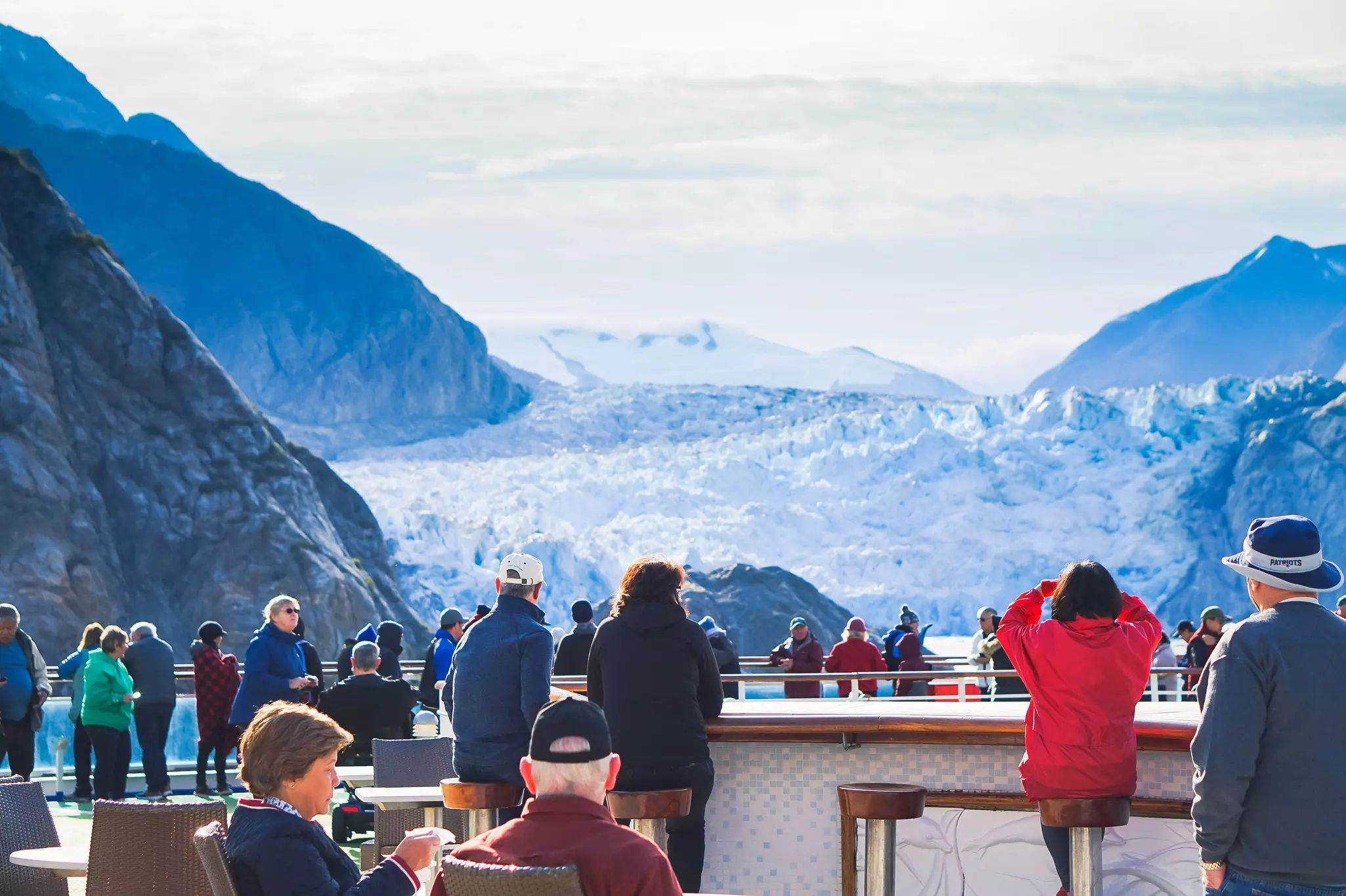 Tracy Arm Fjord, Alaska, USA August 20th 2019 Cruise passengers were up on the deck to see Tracy arm fjord. It is located about 45 miles south of Juneau and 70 miles north of Petersburg, Alaska