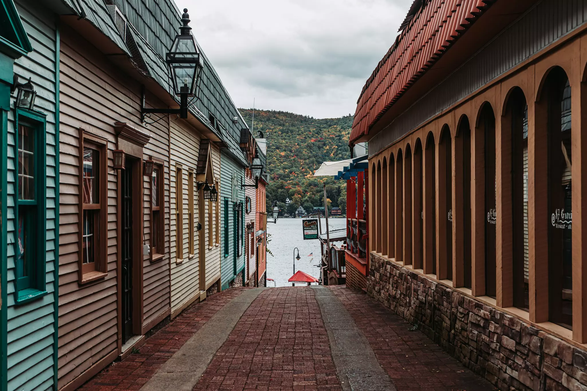 Small street with colorful building at Lake George.