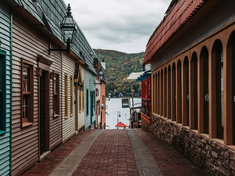 Small street with colorful building at Lake George.