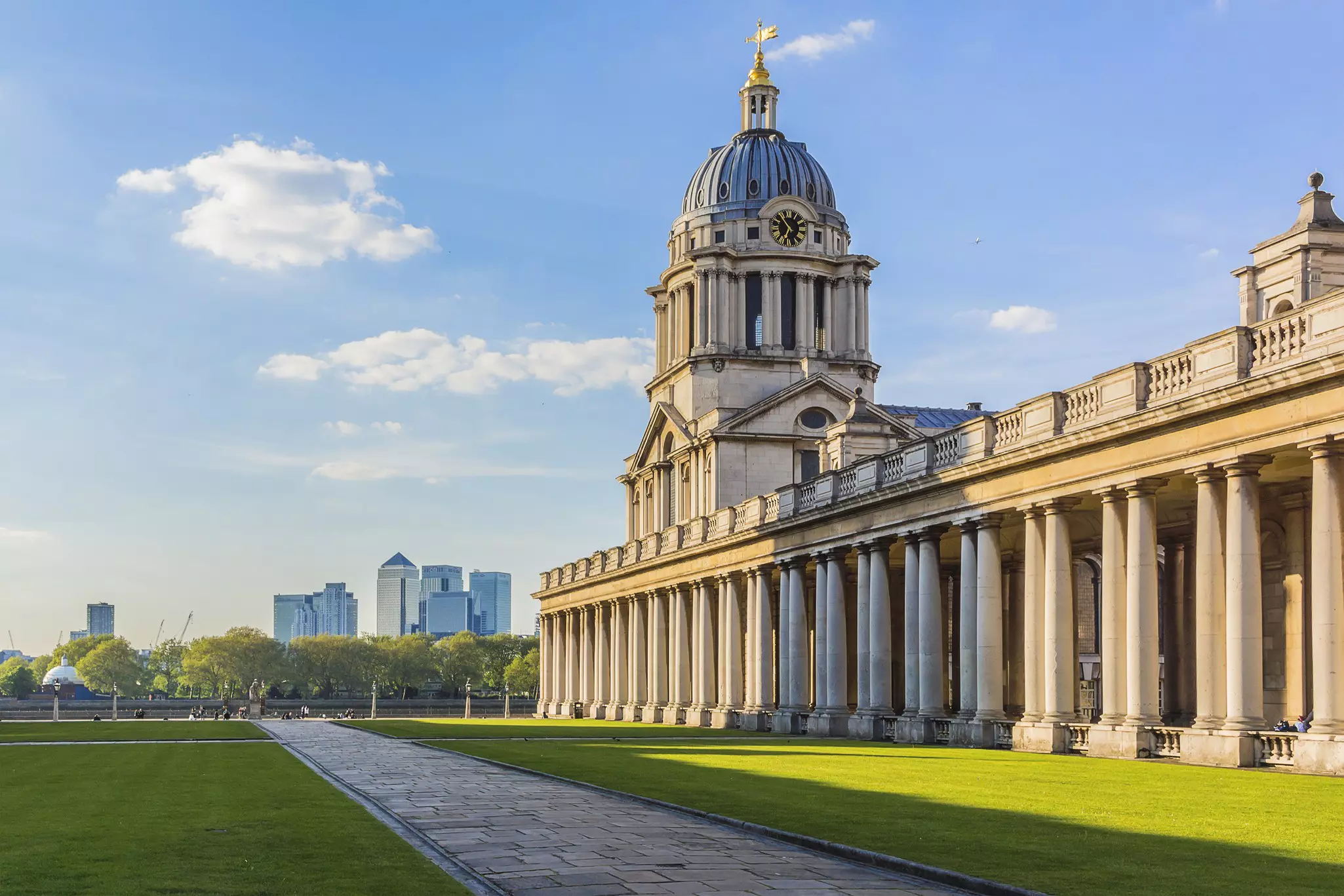 View of Old Royal Naval College (1873) building (UNESCO World Heritage Site) at sunset.
