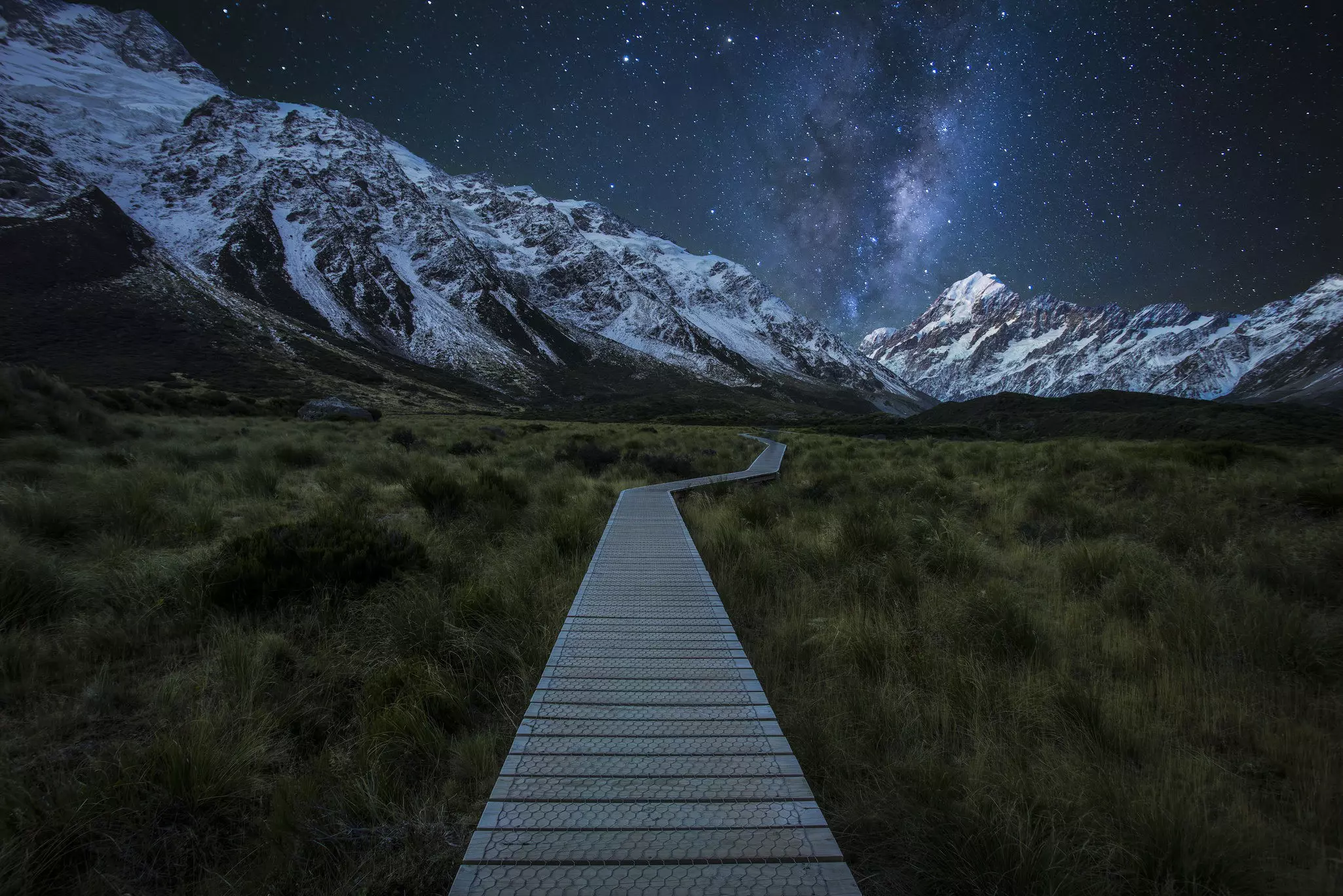 A composite image of milky way rising above Mount Cook National Park from The Hooker Valley Track.