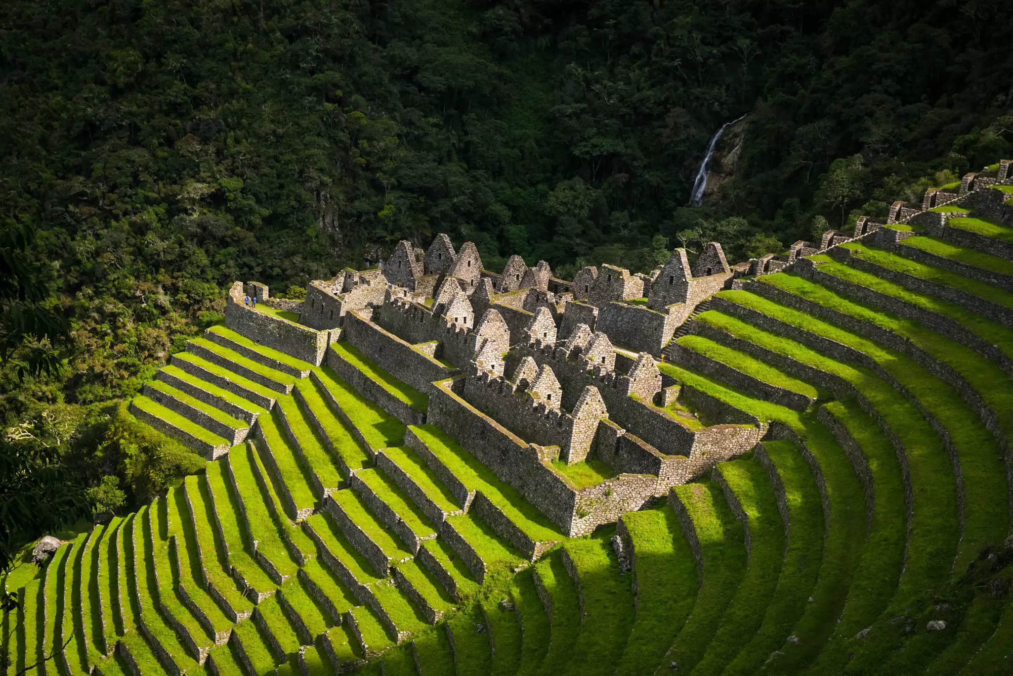 High-angle view of the terraced ruins of Winay Wayna on the Inca trail in Peru.