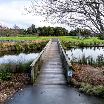View of a wooden bridge crossing a pond at the Auckland Botanic Gardens in Auckland, New Zealand.