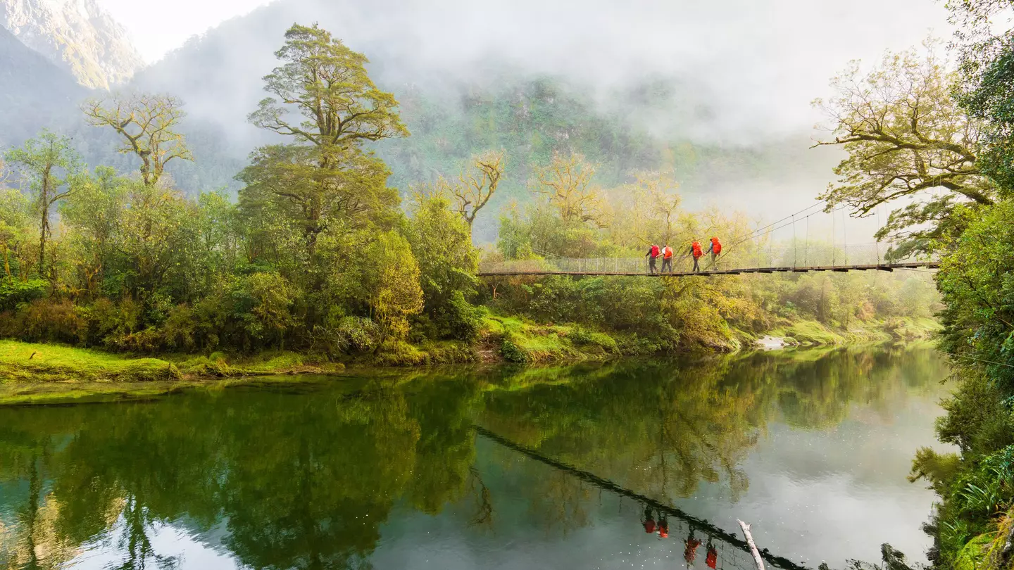 Hikers cross a bridge suspended above a river on a misty day
