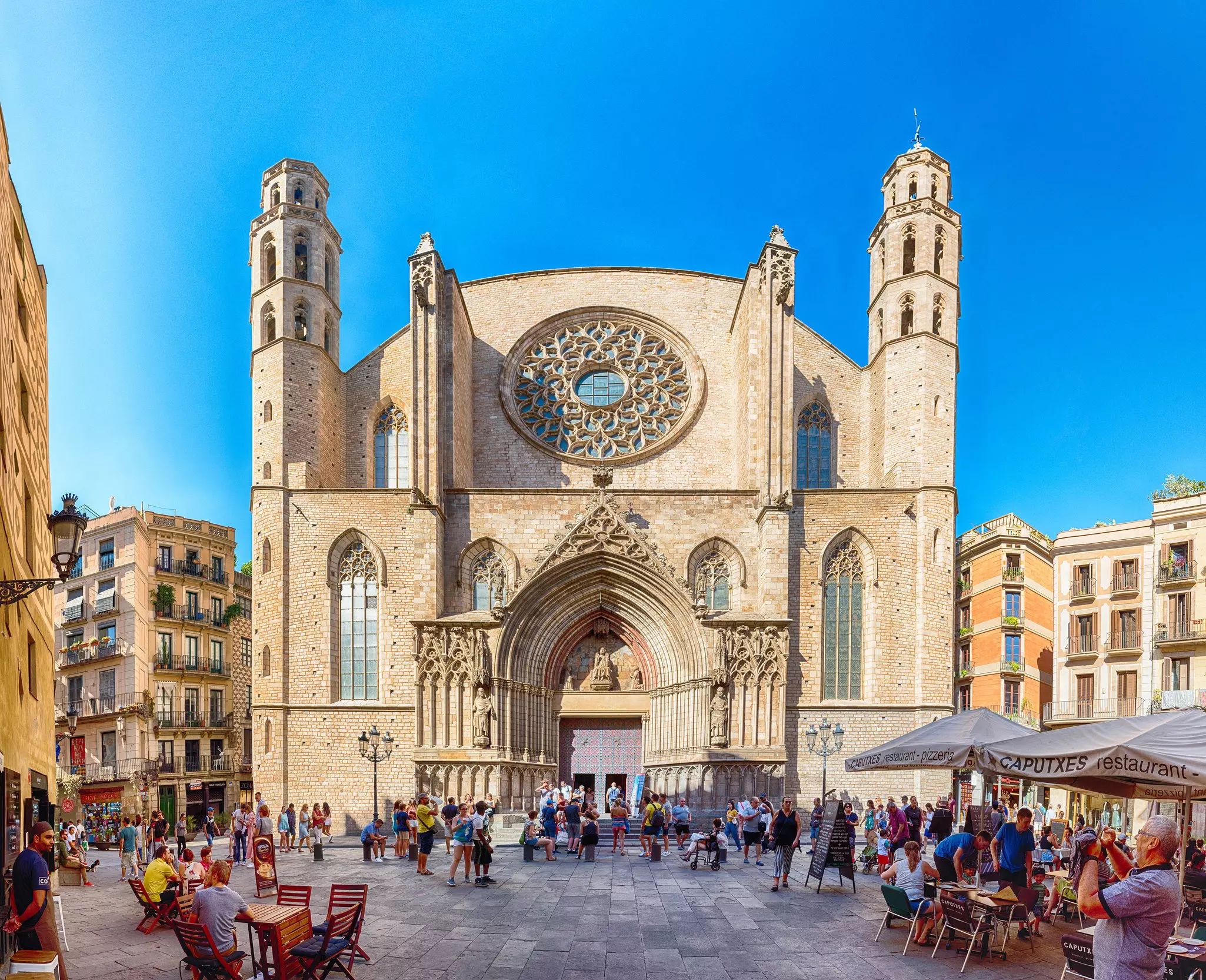 The facade of the Gothic church of Santa Maria del Mar in the Ribera district of Barcelona.