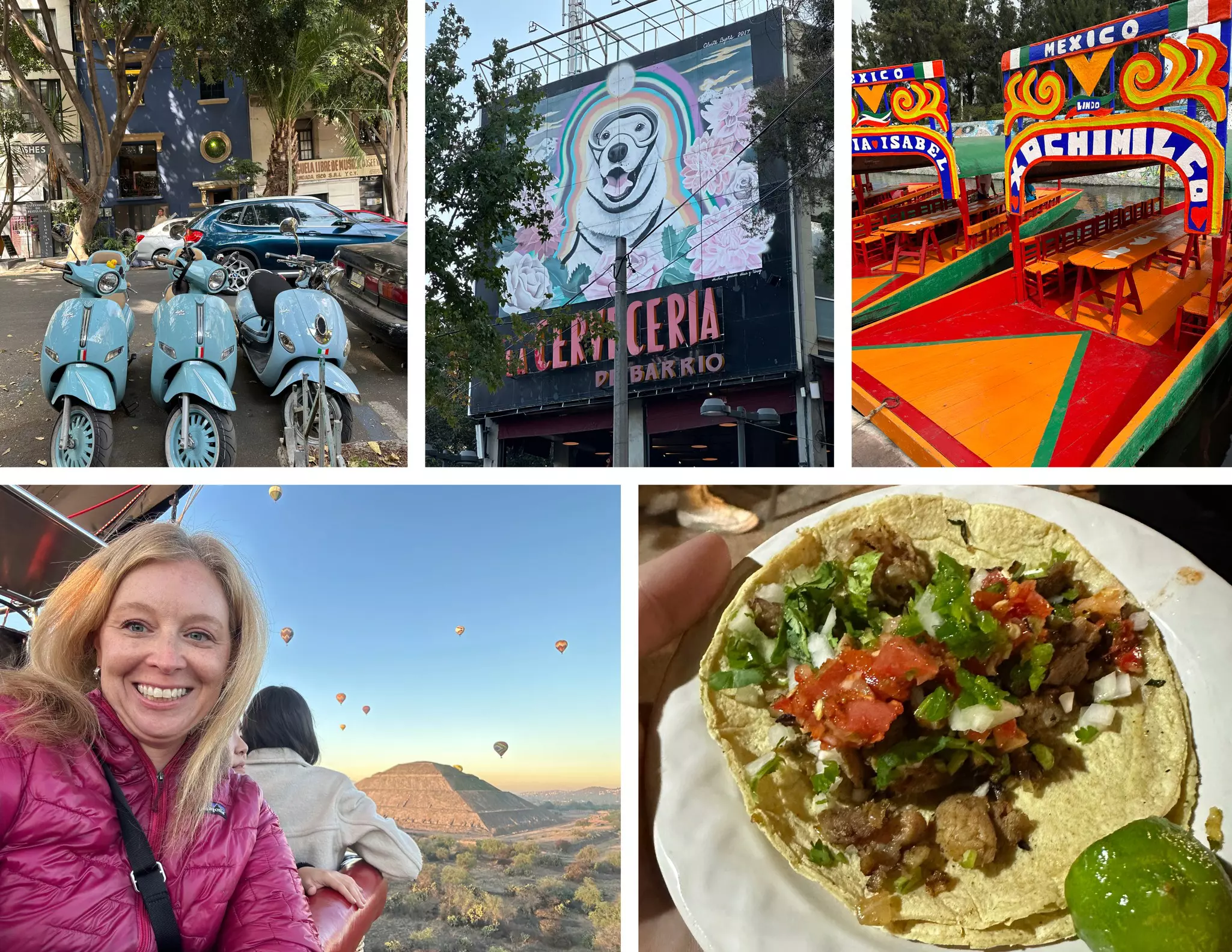 1) Vespas in Roma Norte 2) Mural of Frida Rescue Dog 3) Trajinera at Xochimilco 4) Melissa in a hot air balloon at Teotihuacán 5) Taco from a taco crawl. © Melissa Yeager/ Lonely Planet
