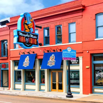 Memphis, TN, USA - August 5, 2015: The redbrick and blue trim Memphis Music Hall of Fame museum building