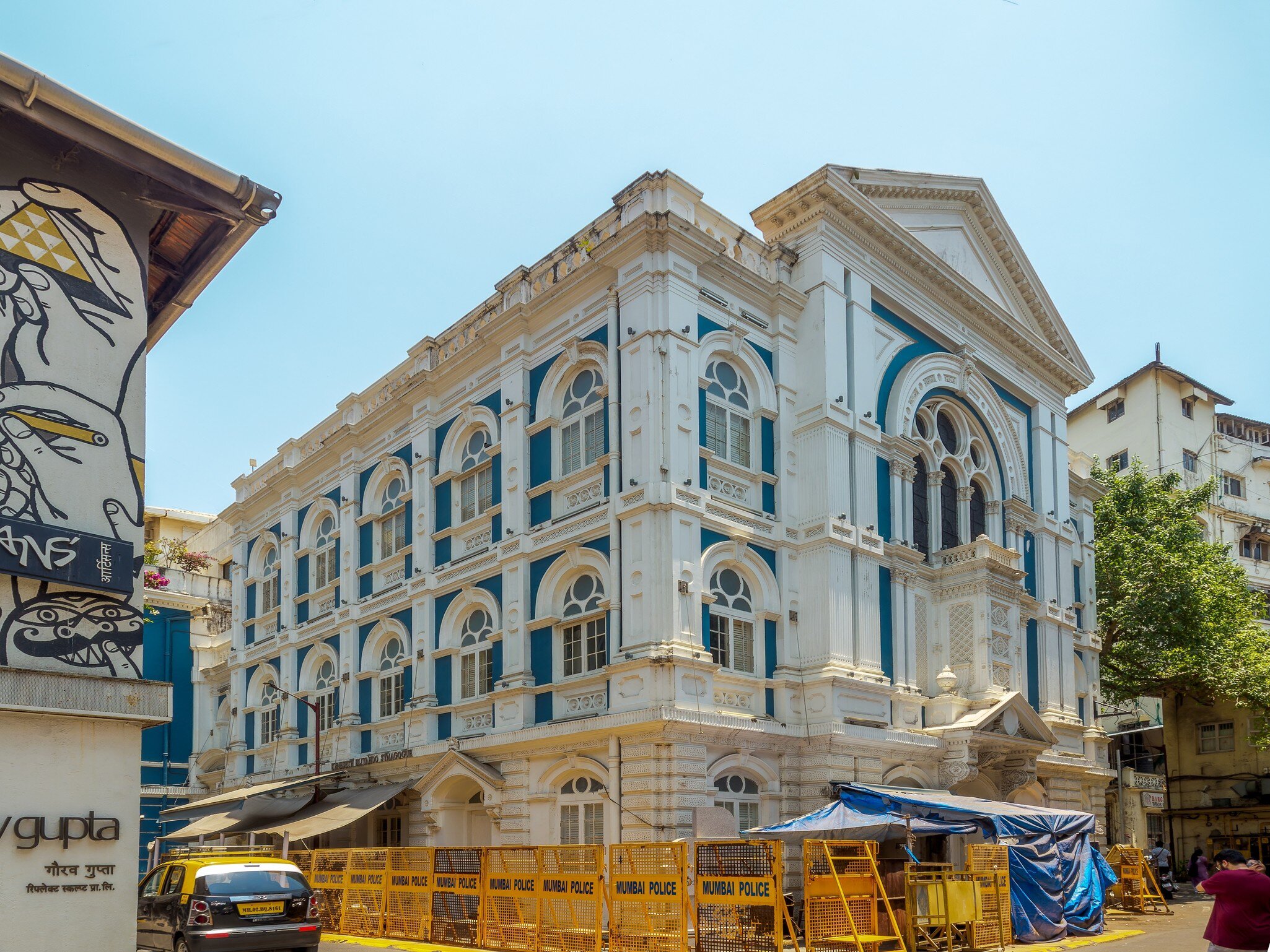 Facade of Keneseth Eliyahoo Synagogue, post restoration, in 2020 Fort Mumbai Maharashtra India.