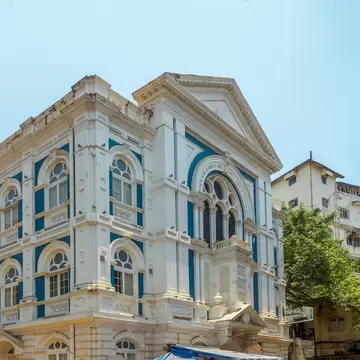 Facade of Keneseth Eliyahoo Synagogue, post restoration, in 2020 Fort Mumbai Maharashtra India.