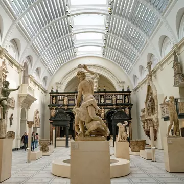 View of ancient classical statues in the Victoria and Albert Museum in London, UK.