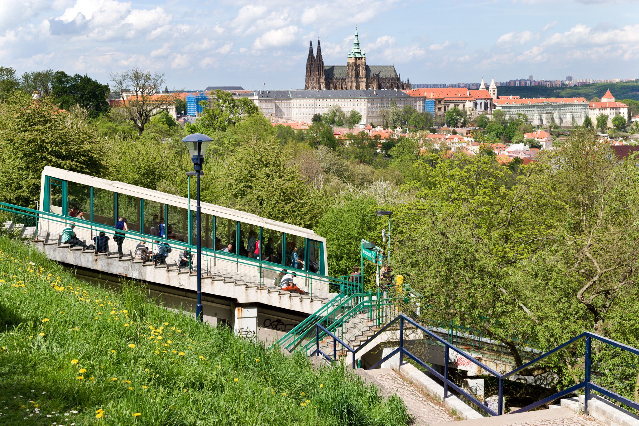Prague castle with st. Vitus cathedral, Petrin hill funicular tram, Lesser Town, Prague (UNESCO), Czech republic. Nebozizek train station.