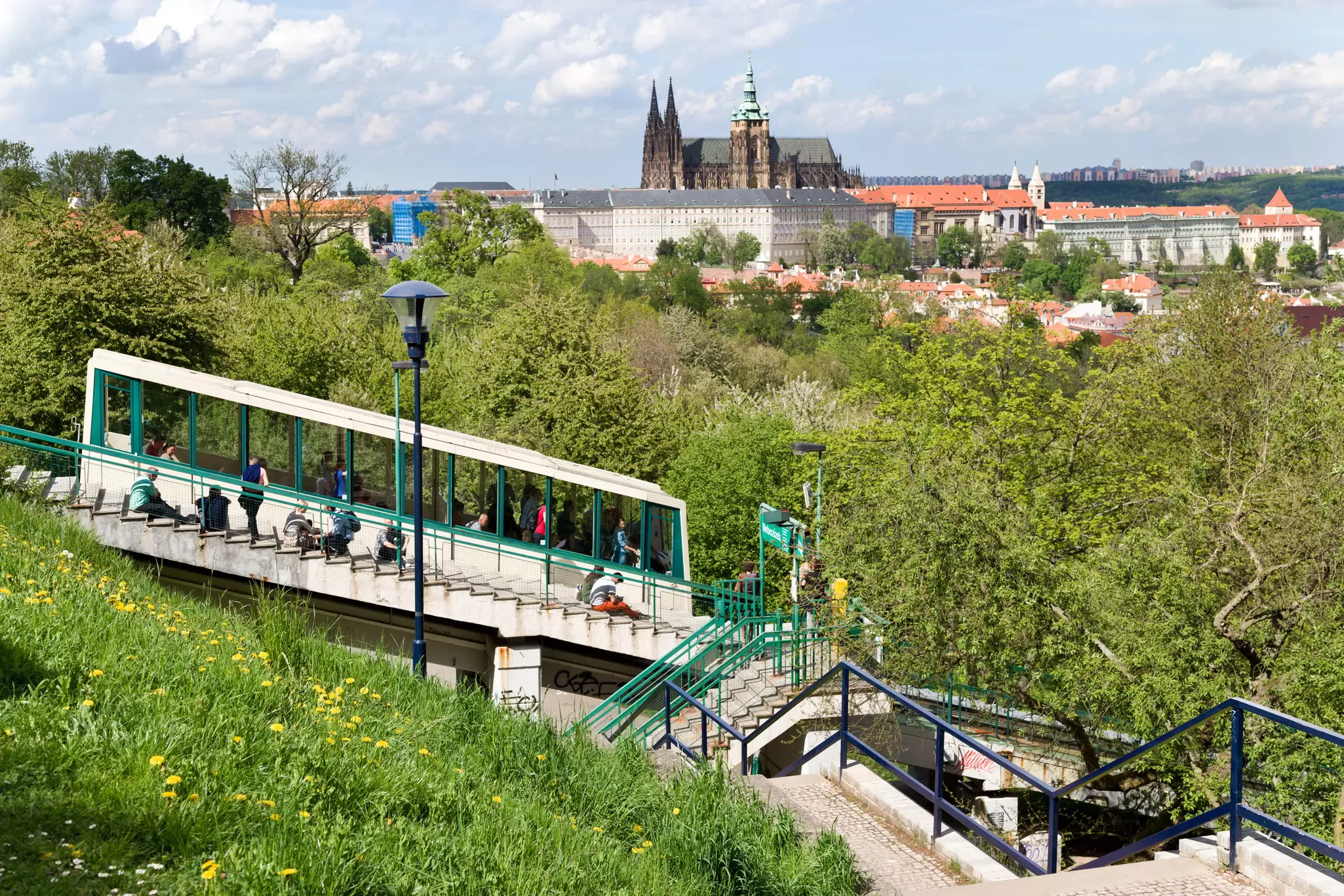 View of the funicular railway at Petřín Hill on a sunny day in Prague, Czechia.