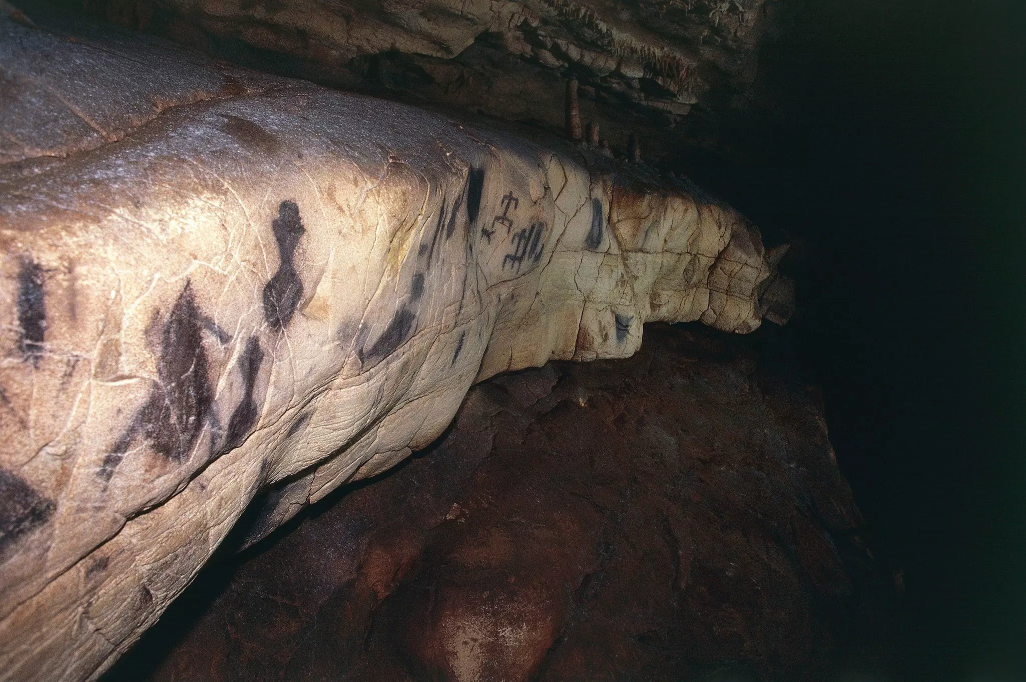 Interior of a cave with prehistoric drawings on the rocks.