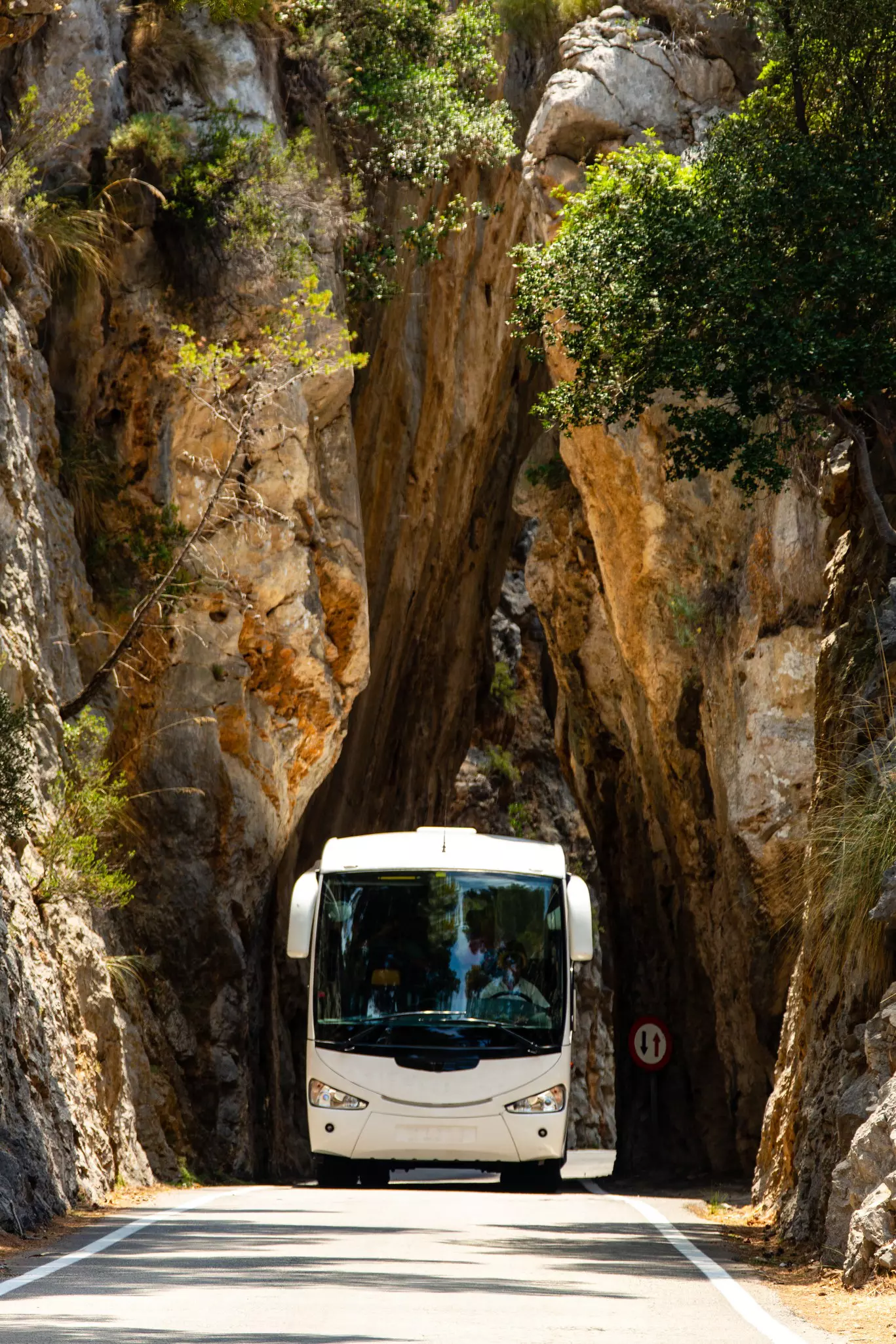 A coach bus drives through the Serra de Tramuntana in Mallorca