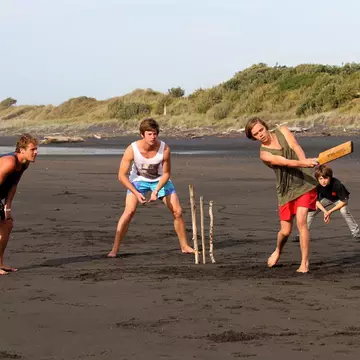 Beach cricket on black sand of Weld Rd. Beach, Taranaki.