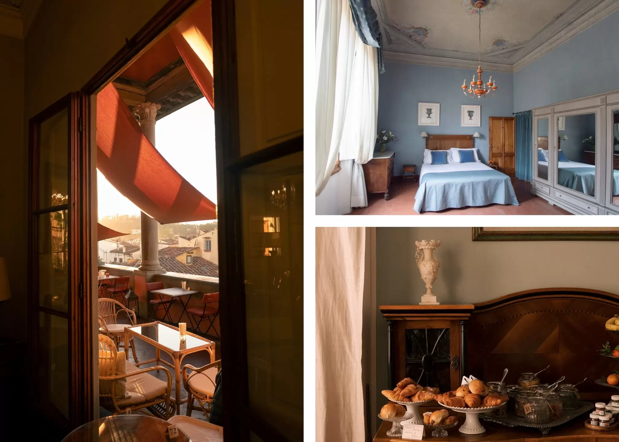 Collage
Handout images from Hotel Palazzo Guadagni in Florence, Italy
To be used in "Where to stay in Florence"
Credit: Hotel Palazzo Guadagni

Left: Terrace dining at Hotel Palazzo Guadagni. Top right: A spacious blue guest room. Bottom right: Breakfast is served. Hotel Palazzo Guadagni (3)