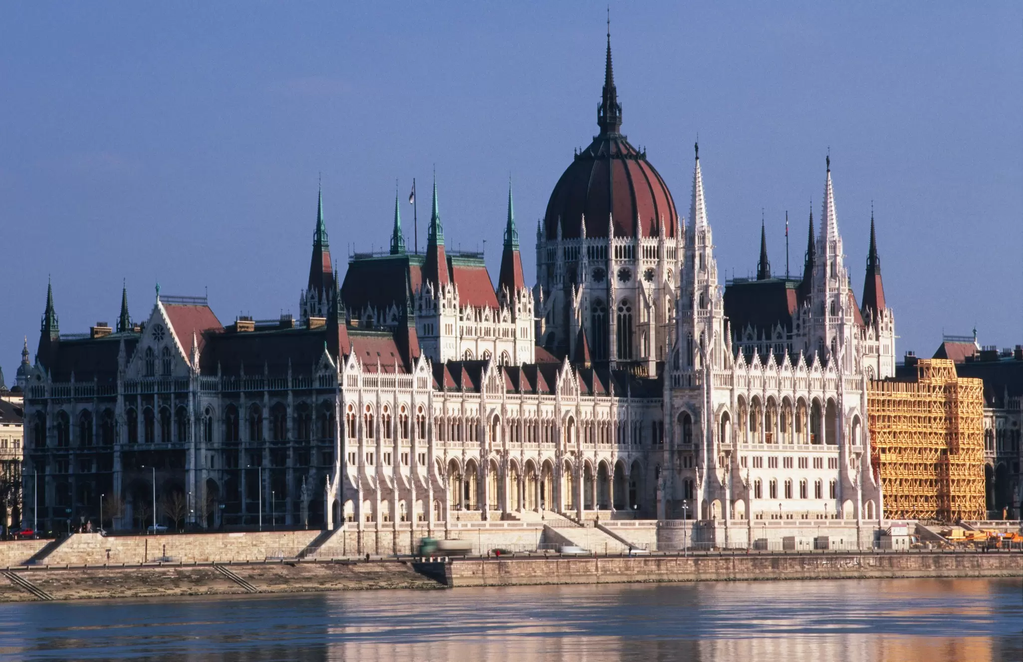 The grand Hungarian Parliament building on the Danube River in Budapest, Hungary. 
