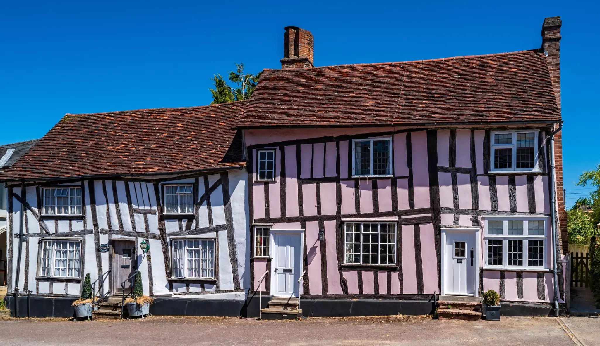 Crooked half timbered medieval houses in Lavenham, Suffolk, UK
