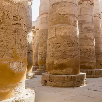 Decorated columns of the Great Hypostyle Hall in the Amun Temple enclosure in Karnak, Egypt; Shutterstock ID 2287618019; your: Sloane Tucker; gl: 65050; netsuite: Online Editorial; full: POI