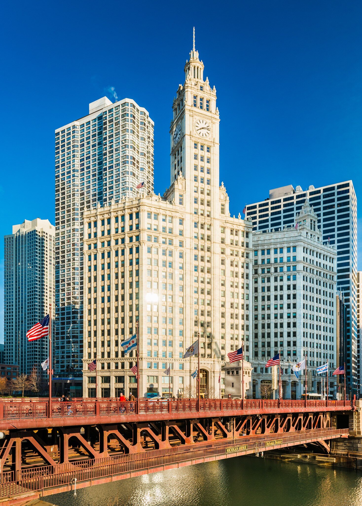 View of the Wrigley Building and DuSable Bridge in downtown Chicago, Illinois.